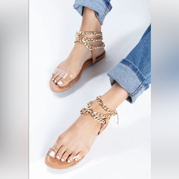 Nude Breaking The Link Flat Sandals with Gold Chain Ankle Straps. New Size 10 - Picture 2 of 6